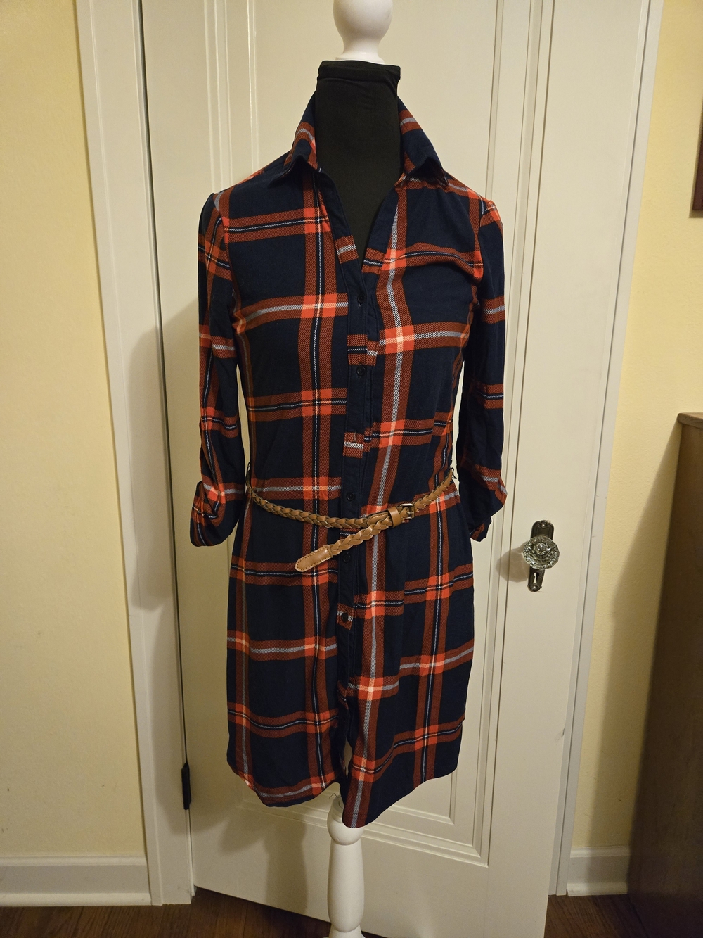 rue21 Plaid Long Sleeve Shirt Dress with Braided Belt Navy & Orange Small
